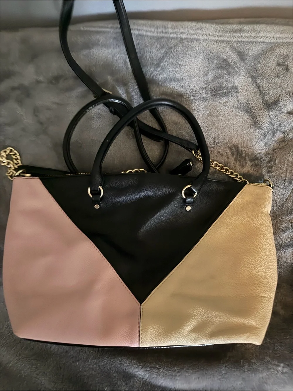 Victoria Secret Tri-Panel faux Leather Tote in Black, Cream & Pink